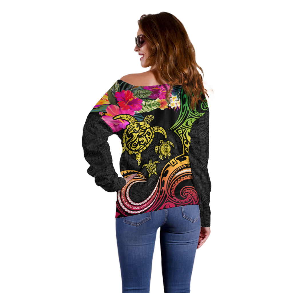 Hawaii Turtle Day Off Shoulder Sweater Polynesian Tattoo and Hibiscus Flowers LT03 - Polynesian Pride