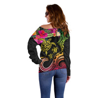 Hawaii Turtle Day Off Shoulder Sweater Polynesian Tattoo and Hibiscus Flowers LT03 - Polynesian Pride