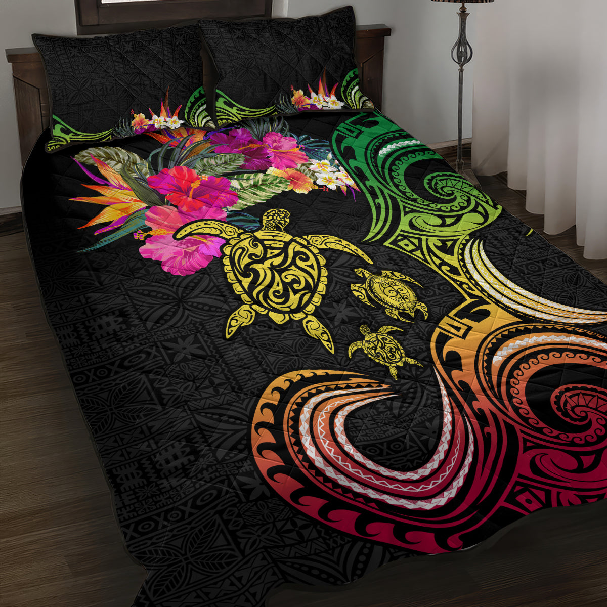 Hawaii Turtle Day Quilt Bed Set Polynesian Tattoo and Hibiscus Flowers LT03 Black - Polynesian Pride