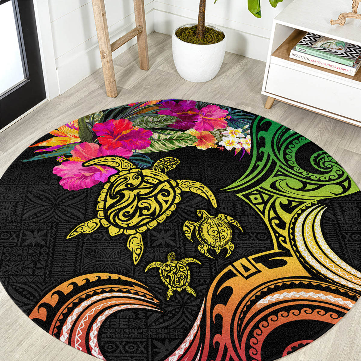 Hawaii Turtle Day Round Carpet Polynesian Tattoo and Hibiscus Flowers LT03 Black - Polynesian Pride