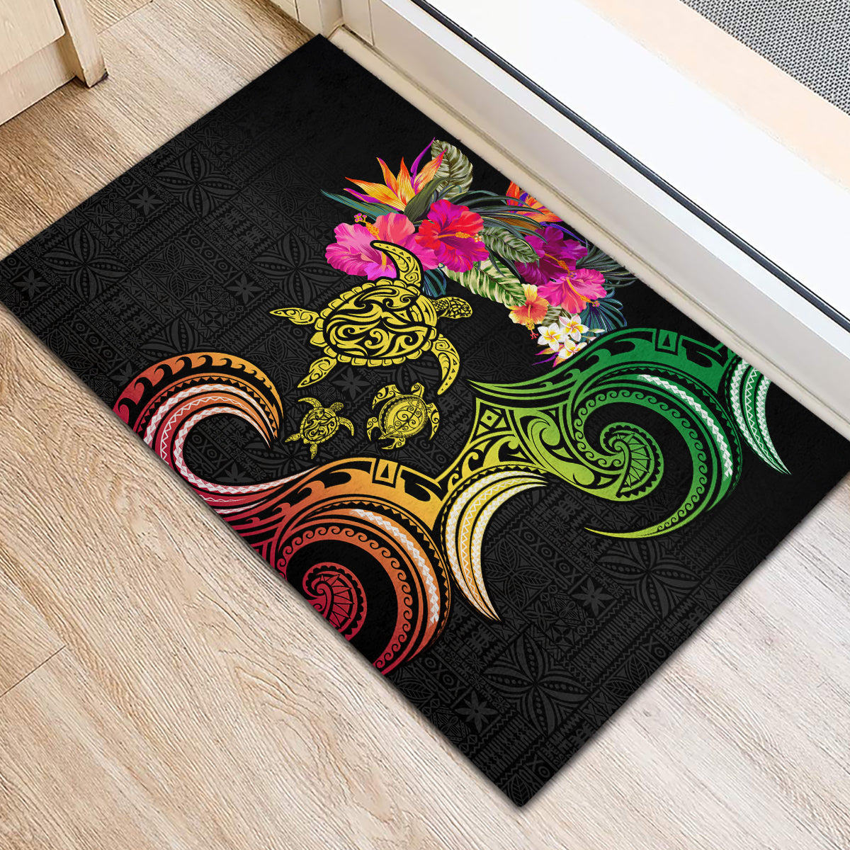 Hawaii Turtle Day Rubber Doormat Polynesian Tattoo and Hibiscus Flowers LT03 - Polynesian Pride