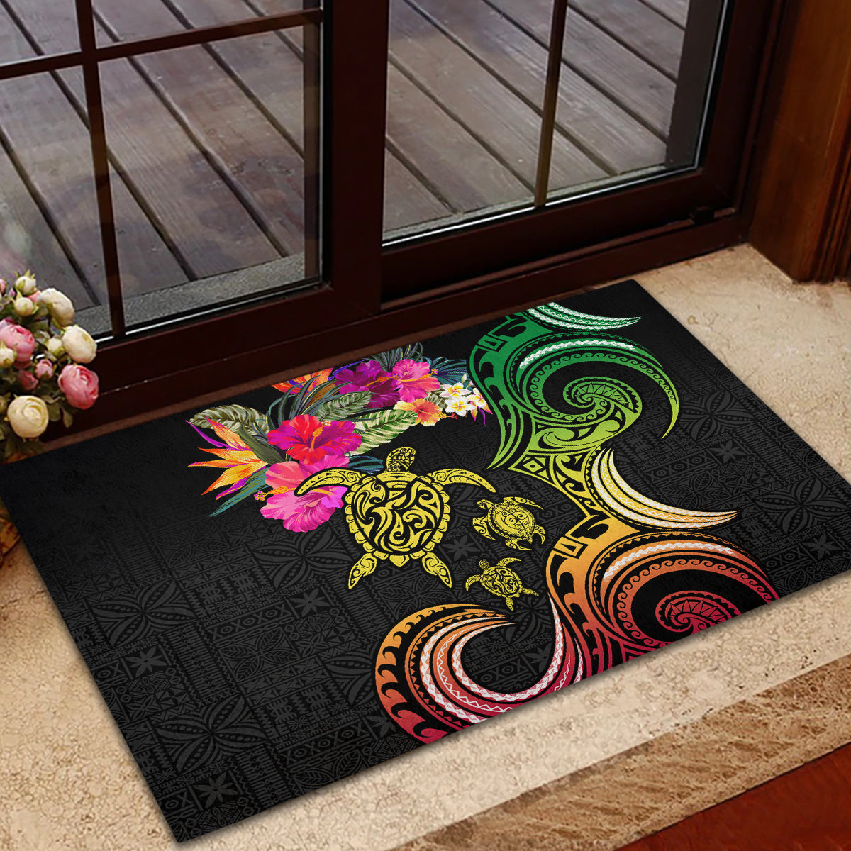 Hawaii Turtle Day Rubber Doormat Polynesian Tattoo and Hibiscus Flowers LT03 - Polynesian Pride