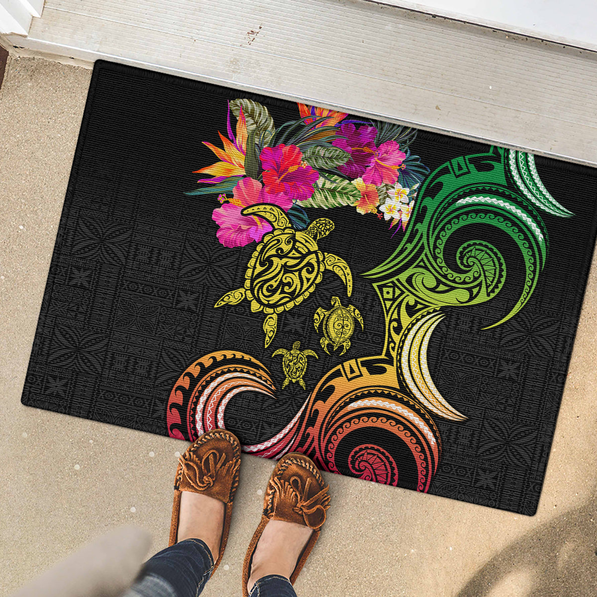 Hawaii Turtle Day Rubber Doormat Polynesian Tattoo and Hibiscus Flowers LT03 - Polynesian Pride