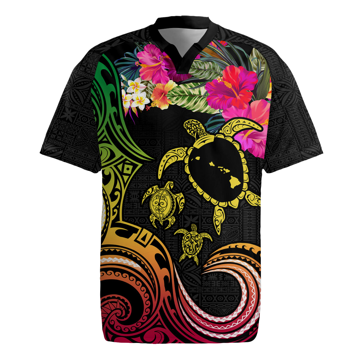 Hawaii Turtle Day Rugby Jersey Polynesian Tattoo and Hibiscus Flowers LT03 Black - Polynesian Pride