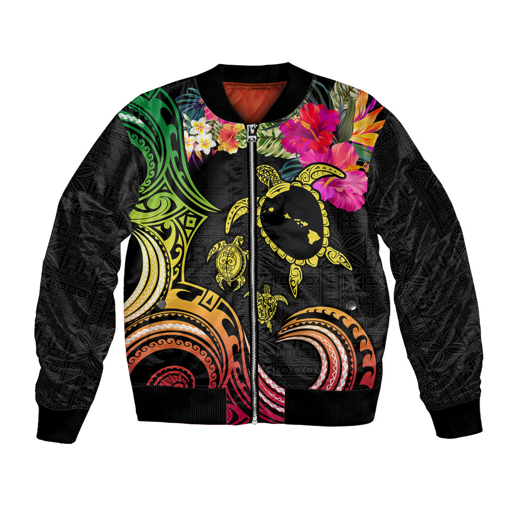 Hawaii Turtle Day Sleeve Zip Bomber Jacket Polynesian Tattoo and Hibiscus Flowers LT03 Unisex Black - Polynesian Pride