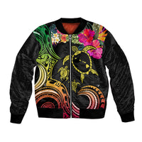 Hawaii Turtle Day Sleeve Zip Bomber Jacket Polynesian Tattoo and Hibiscus Flowers LT03 Unisex Black - Polynesian Pride