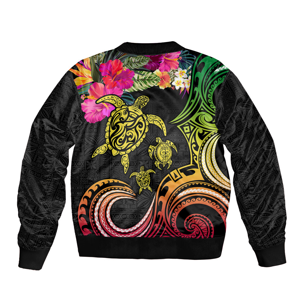 Hawaii Turtle Day Sleeve Zip Bomber Jacket Polynesian Tattoo and Hibiscus Flowers LT03 - Polynesian Pride