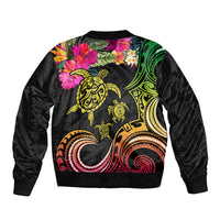 Hawaii Turtle Day Sleeve Zip Bomber Jacket Polynesian Tattoo and Hibiscus Flowers LT03 - Polynesian Pride