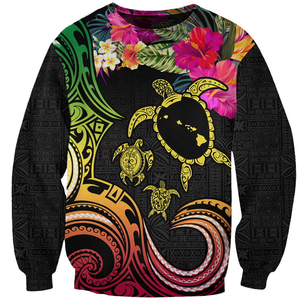Hawaii Turtle Day Sweatshirt Polynesian Tattoo and Hibiscus Flowers LT03 Unisex Black - Polynesian Pride