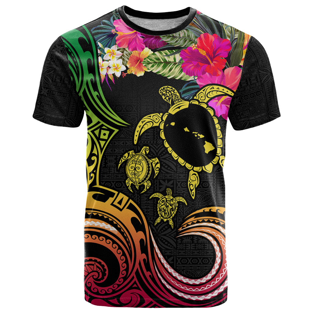 Hawaii Turtle Day T Shirt Polynesian Tattoo and Hibiscus Flowers LT03 Black - Polynesian Pride