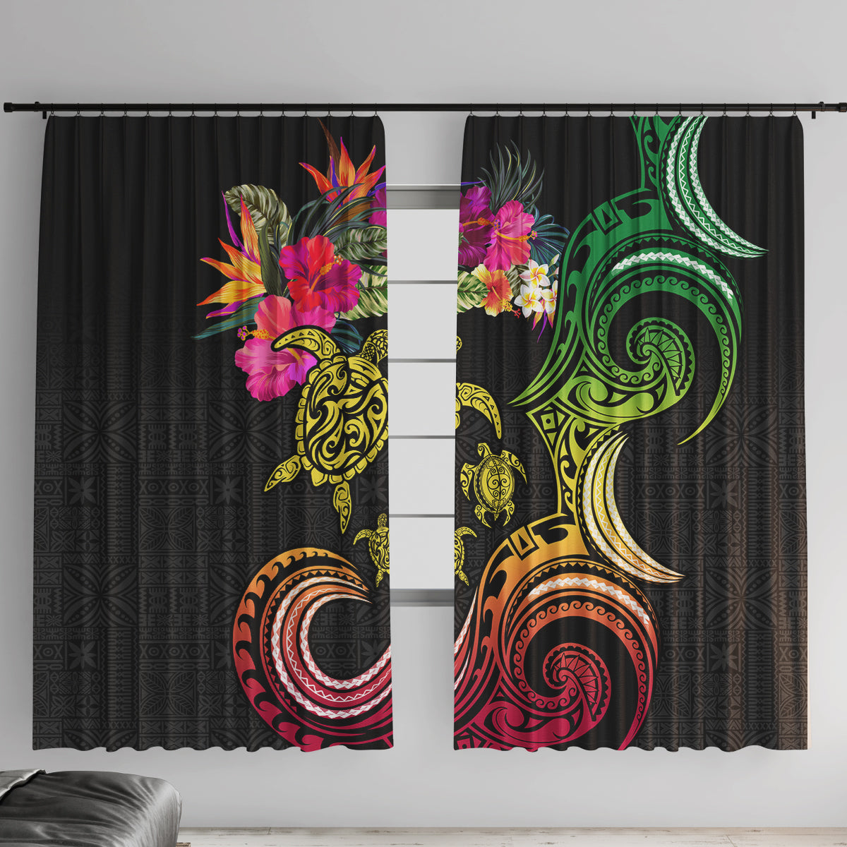 Hawaii Turtle Day Window Curtain Polynesian Tattoo and Hibiscus Flowers LT03 With Hooks Black - Polynesian Pride