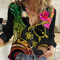 Hawaii Turtle Day Women Casual Shirt Polynesian Tattoo and Hibiscus Flowers LT03 Female Black - Polynesian Pride