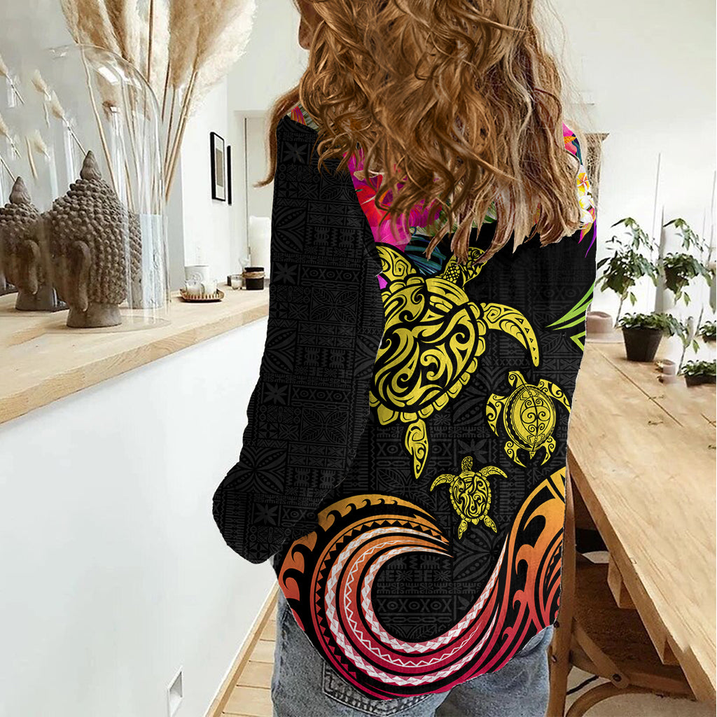 Hawaii Turtle Day Women Casual Shirt Polynesian Tattoo and Hibiscus Flowers LT03 - Polynesian Pride