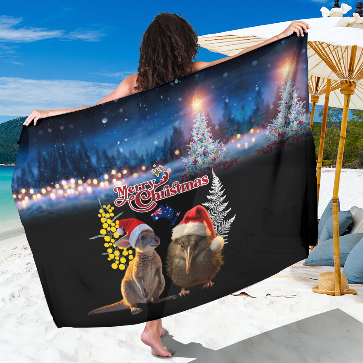 New Zealand and Australia Merry Christmas Sarong Kiwi Bird and Kangaroo Xmas Vibe LT03 One Size 44 x 66 inches Black - Polynesian Pride