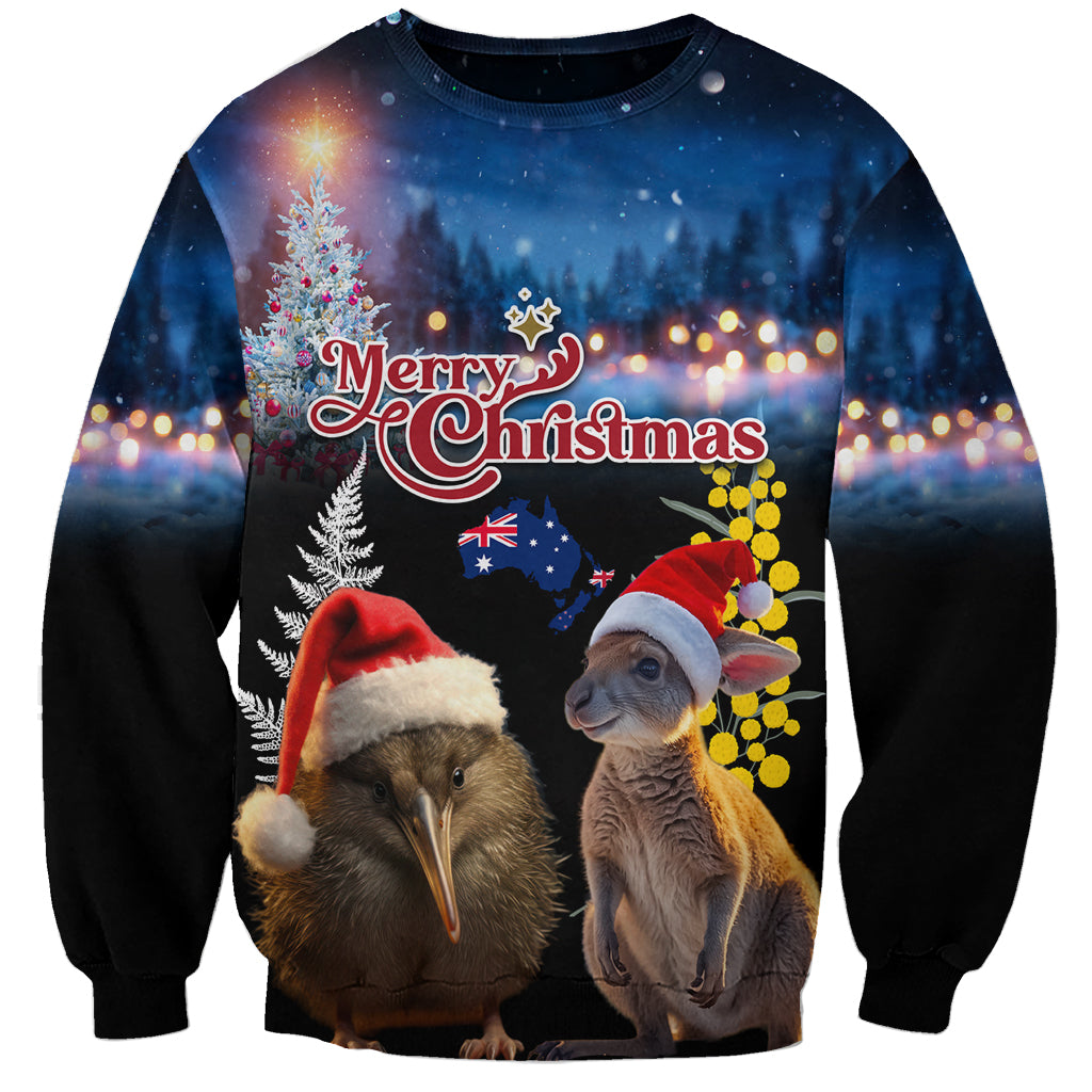 New Zealand and Australia Merry Christmas Sweatshirt Kiwi Bird and Kangaroo Xmas Vibe LT03 Unisex Black - Polynesian Pride