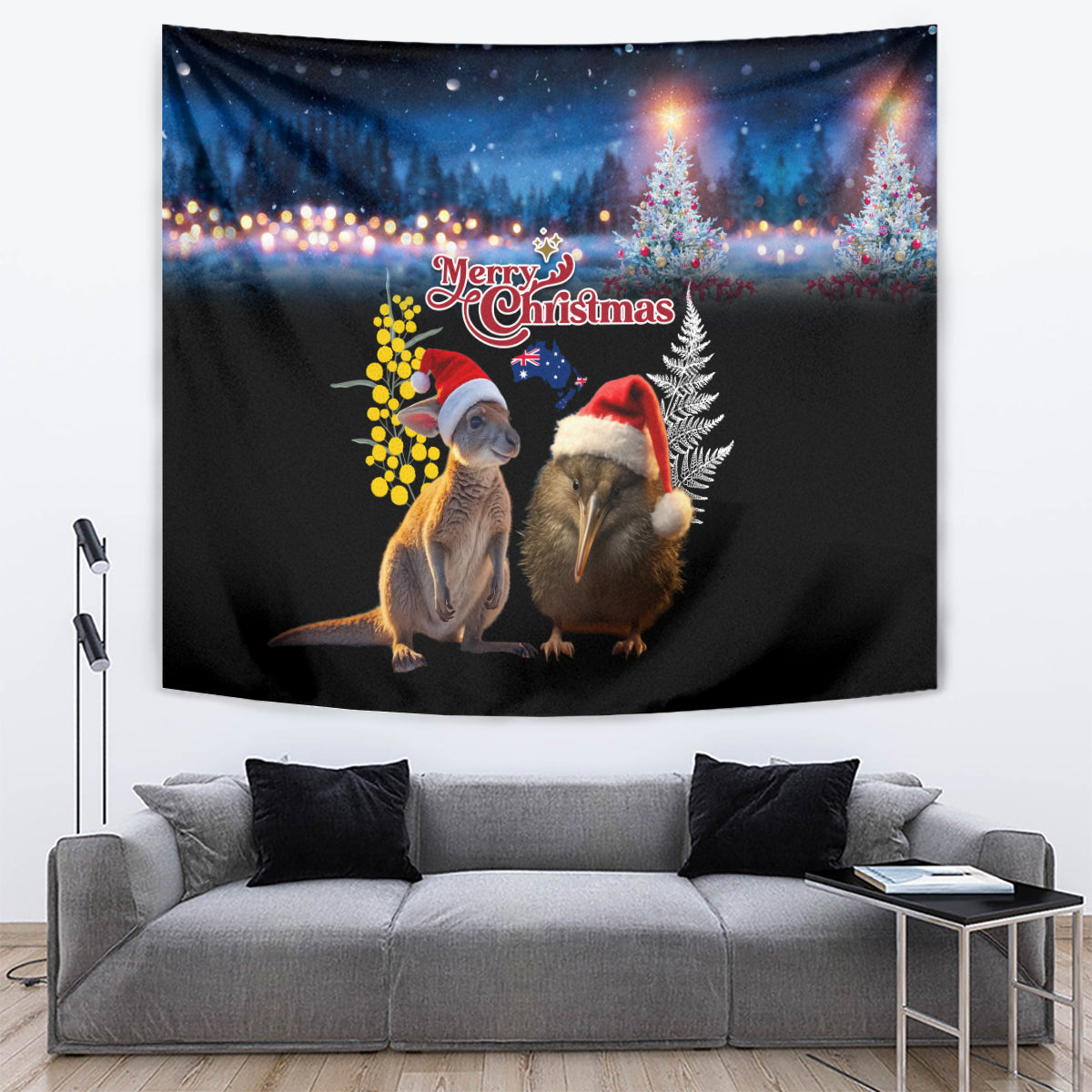 New Zealand and Australia Merry Christmas Tapestry Kiwi Bird and Kangaroo Xmas Vibe LT03 Black - Polynesian Pride