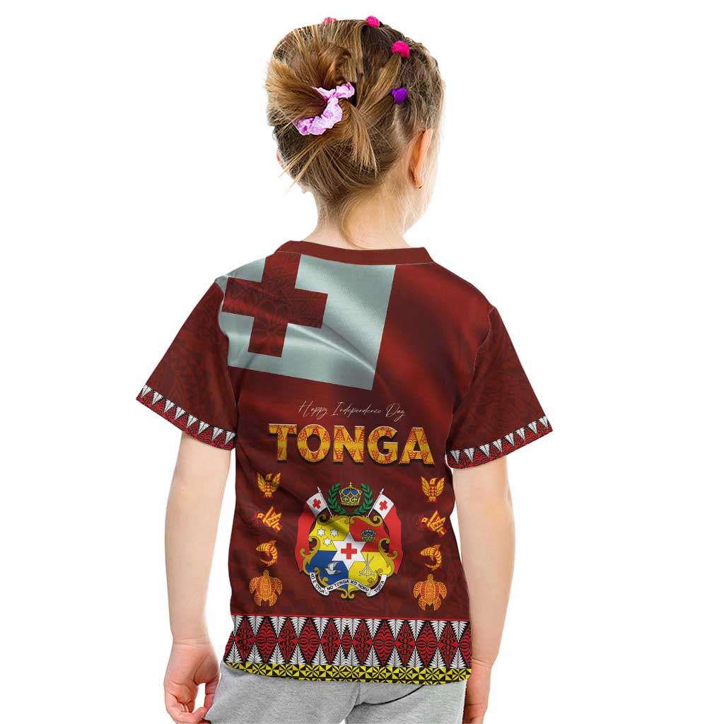 Tonga Independence Day Kid T Shirt National Flag and Emblem with Ngatu Art Pattern LT03 - Polynesian Pride