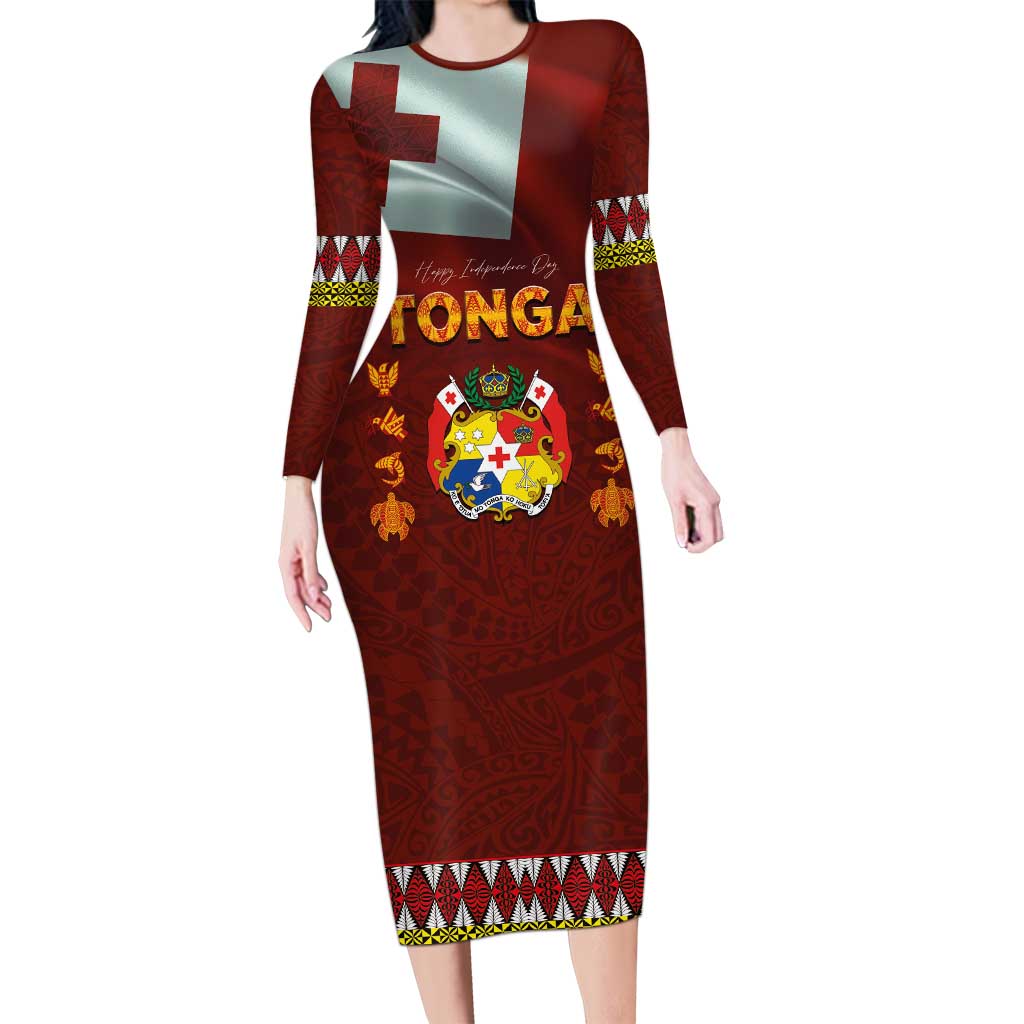 Tonga Independence Day Long Sleeve Bodycon Dress National Flag and Emblem with Ngatu Art Pattern LT03 Long Dress Red - Polynesian Pride