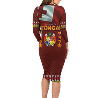 Tonga Independence Day Long Sleeve Bodycon Dress National Flag and Emblem with Ngatu Art Pattern LT03 - Polynesian Pride