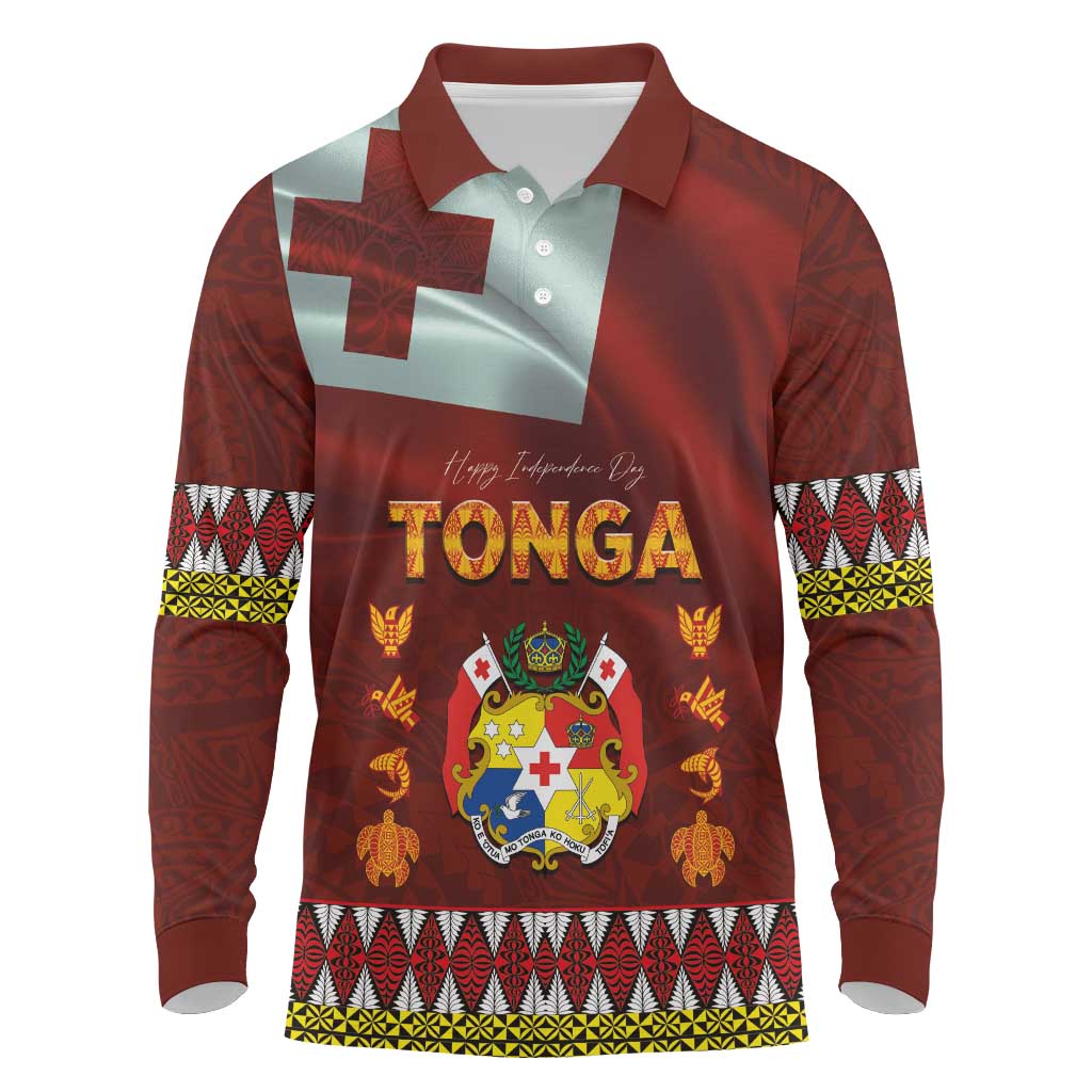 Tonga Independence Day Long Sleeve Polo Shirt National Flag and Emblem with Ngatu Art Pattern LT03 Red - Polynesian Pride
