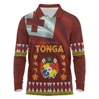 Tonga Independence Day Long Sleeve Polo Shirt National Flag and Emblem with Ngatu Art Pattern LT03 Red - Polynesian Pride