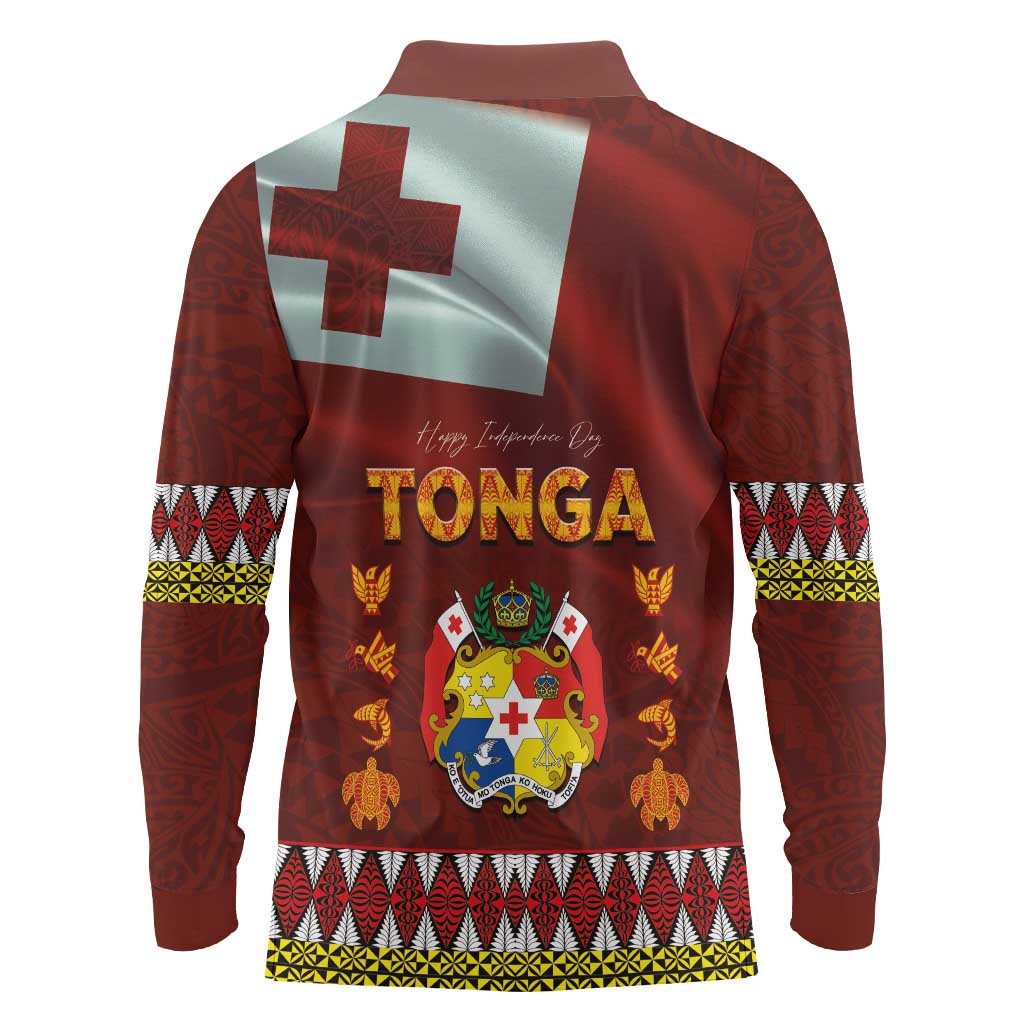 Tonga Independence Day Long Sleeve Polo Shirt National Flag and Emblem with Ngatu Art Pattern LT03 - Polynesian Pride