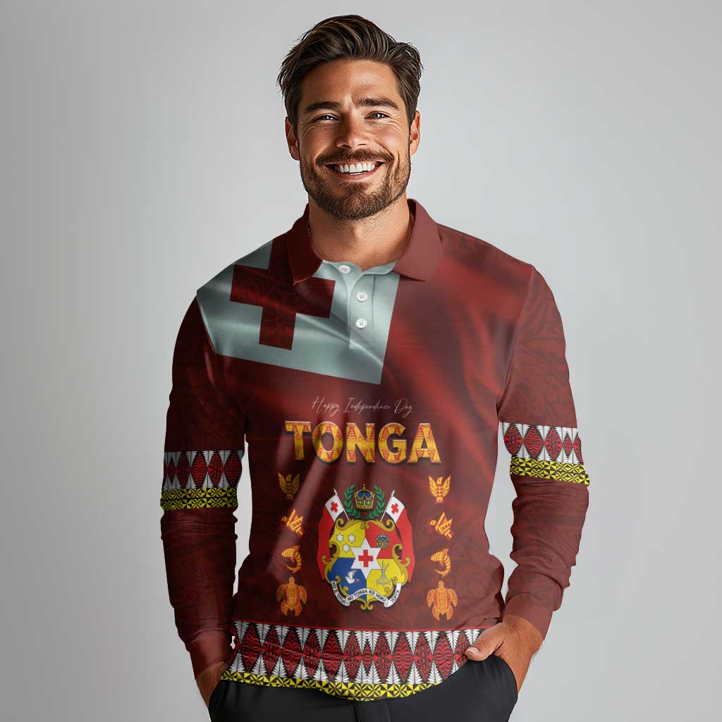 Tonga Independence Day Long Sleeve Polo Shirt National Flag and Emblem with Ngatu Art Pattern LT03 - Polynesian Pride