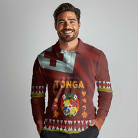 Tonga Independence Day Long Sleeve Polo Shirt National Flag and Emblem with Ngatu Art Pattern LT03 - Polynesian Pride