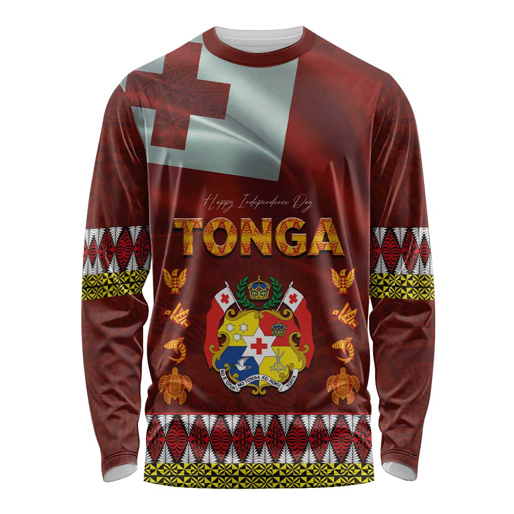 Tonga Independence Day Long Sleeve Shirt National Flag and Emblem with Ngatu Art Pattern LT03 Unisex Red - Polynesian Pride