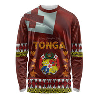 Tonga Independence Day Long Sleeve Shirt National Flag and Emblem with Ngatu Art Pattern LT03 Unisex Red - Polynesian Pride