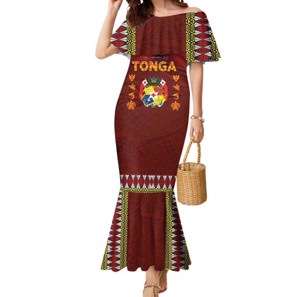 Tonga Independence Day Mermaid Dress National Flag and Emblem with Ngatu Art Pattern LT03 Women Red - Polynesian Pride