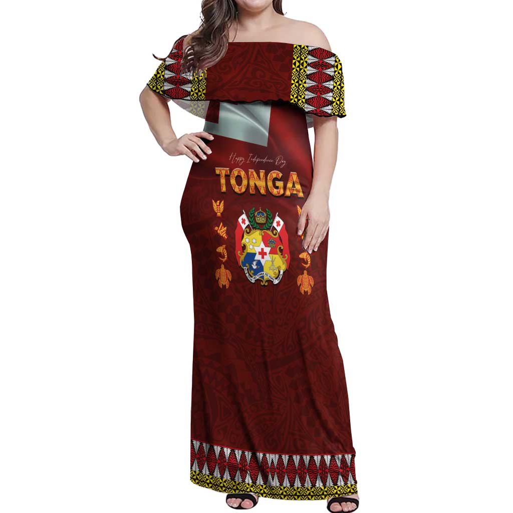 Tonga Independence Day Off Shoulder Maxi Dress National Flag and Emblem with Ngatu Art Pattern LT03 Women Red - Polynesian Pride