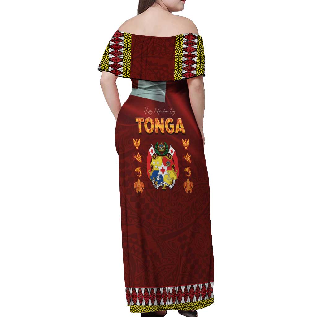 Tonga Independence Day Off Shoulder Maxi Dress National Flag and Emblem with Ngatu Art Pattern LT03 - Polynesian Pride