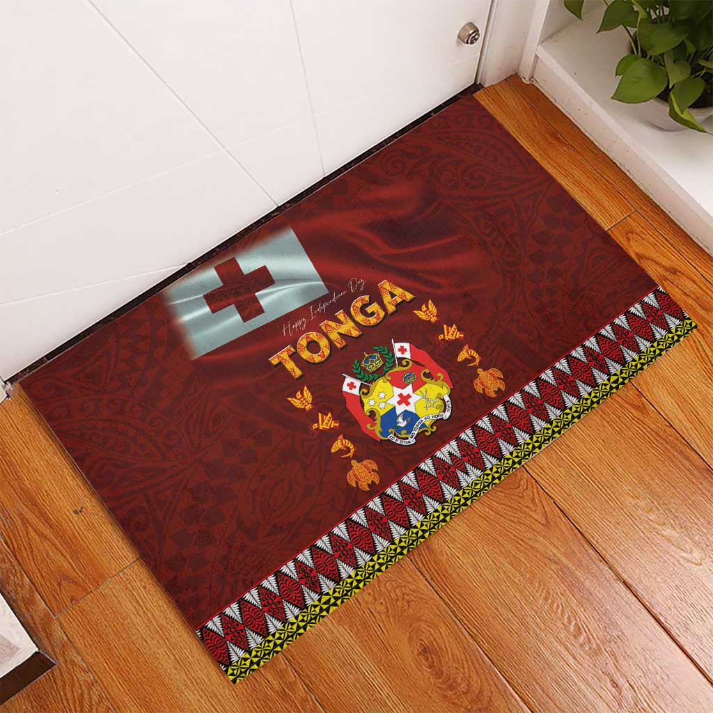 Tonga Independence Day Rubber Doormat National Flag and Emblem with Ngatu Art Pattern LT03 - Polynesian Pride