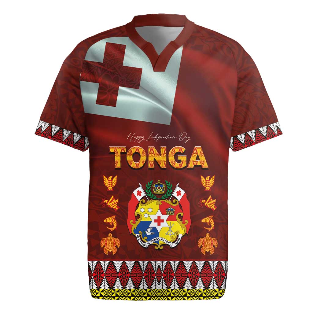 Tonga Independence Day Rugby Jersey National Flag and Emblem with Ngatu Art Pattern LT03 Red - Polynesian Pride