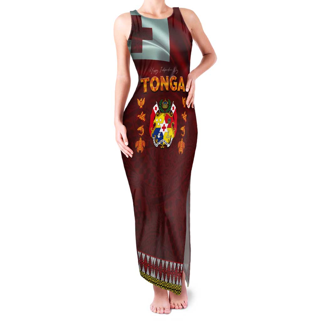 Tonga Independence Day Tank Maxi Dress National Flag and Emblem with Ngatu Art Pattern LT03 Women Red - Polynesian Pride
