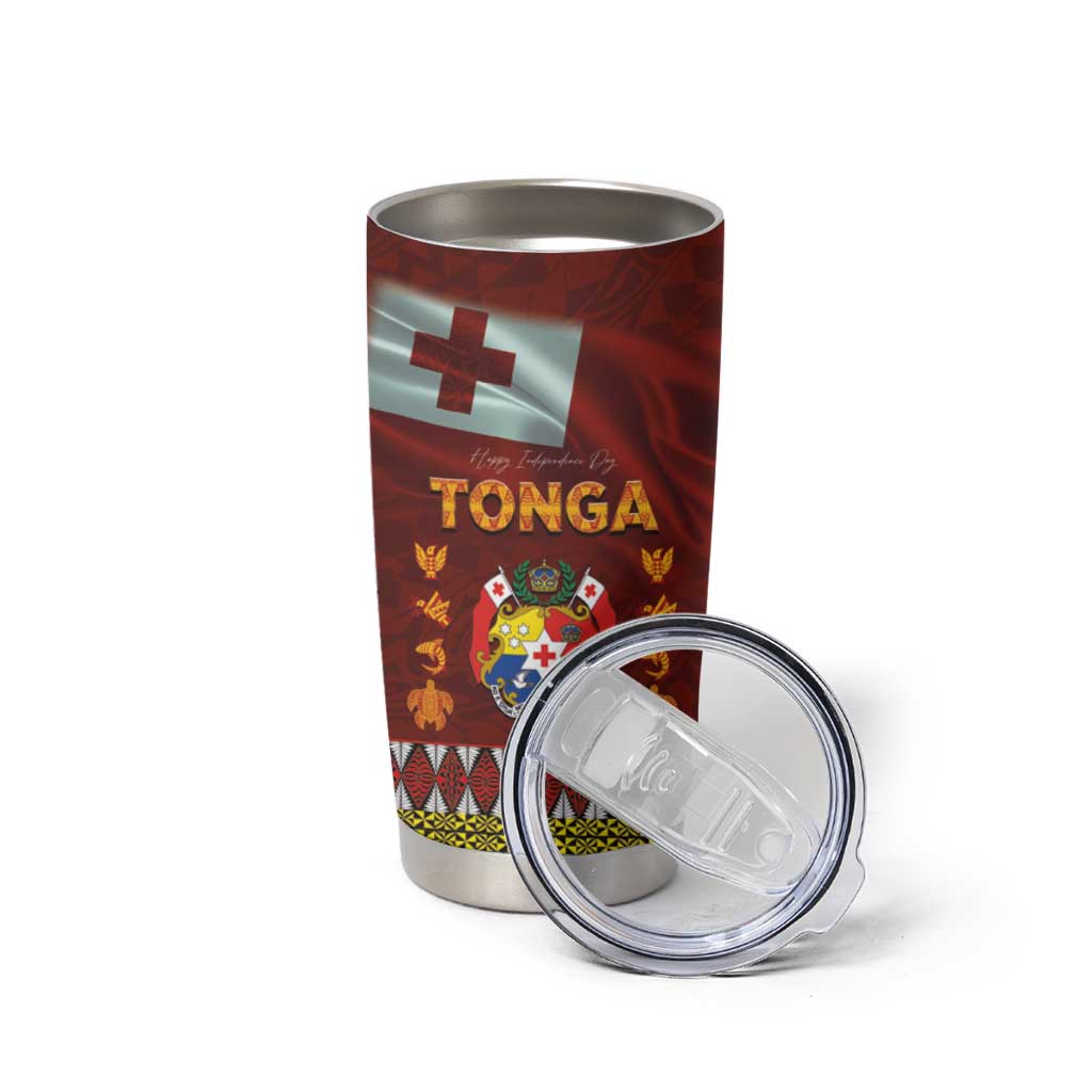 Tonga Independence Day Tumbler Cup National Flag and Emblem with Ngatu Art Pattern LT03 - Polynesian Pride