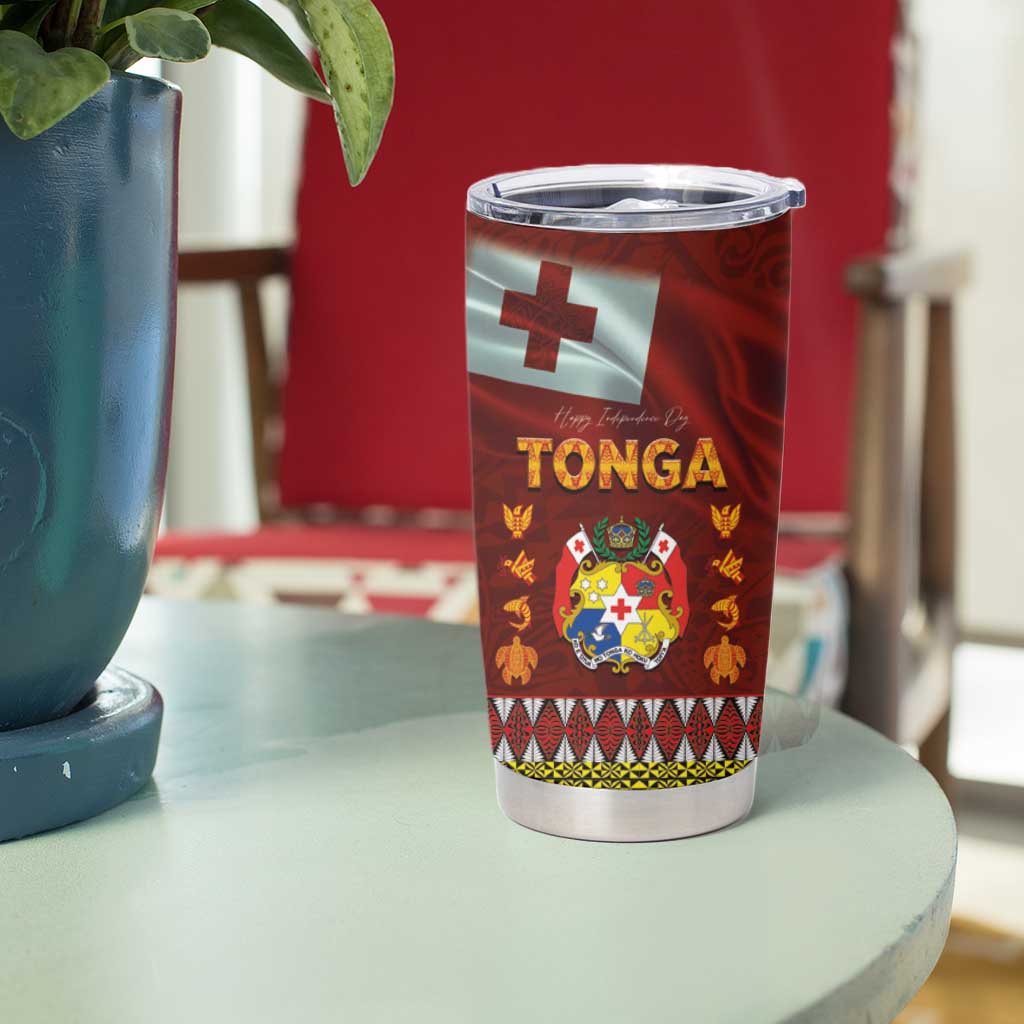 Tonga Independence Day Tumbler Cup National Flag and Emblem with Ngatu Art Pattern LT03 - Polynesian Pride