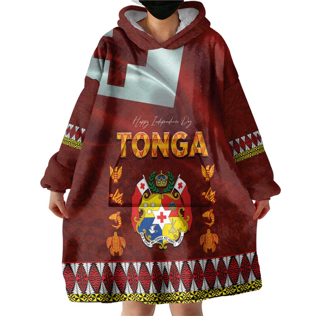 Tonga Independence Day Wearable Blanket Hoodie National Flag and Emblem with Ngatu Art Pattern LT03 - Polynesian Pride