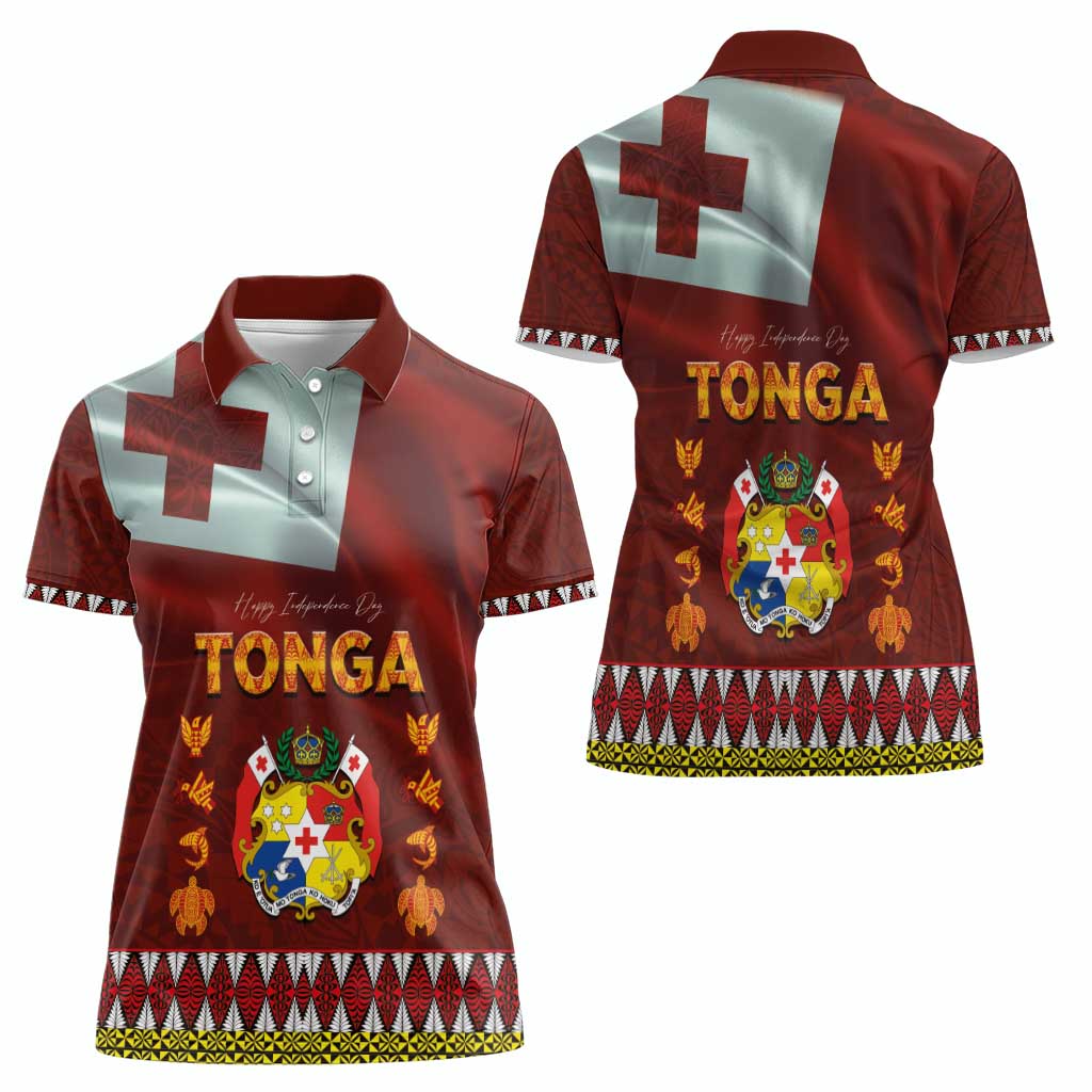 Tonga Independence Day Women Polo Shirt National Flag and Emblem with Ngatu Art Pattern LT03 - Polynesian Pride