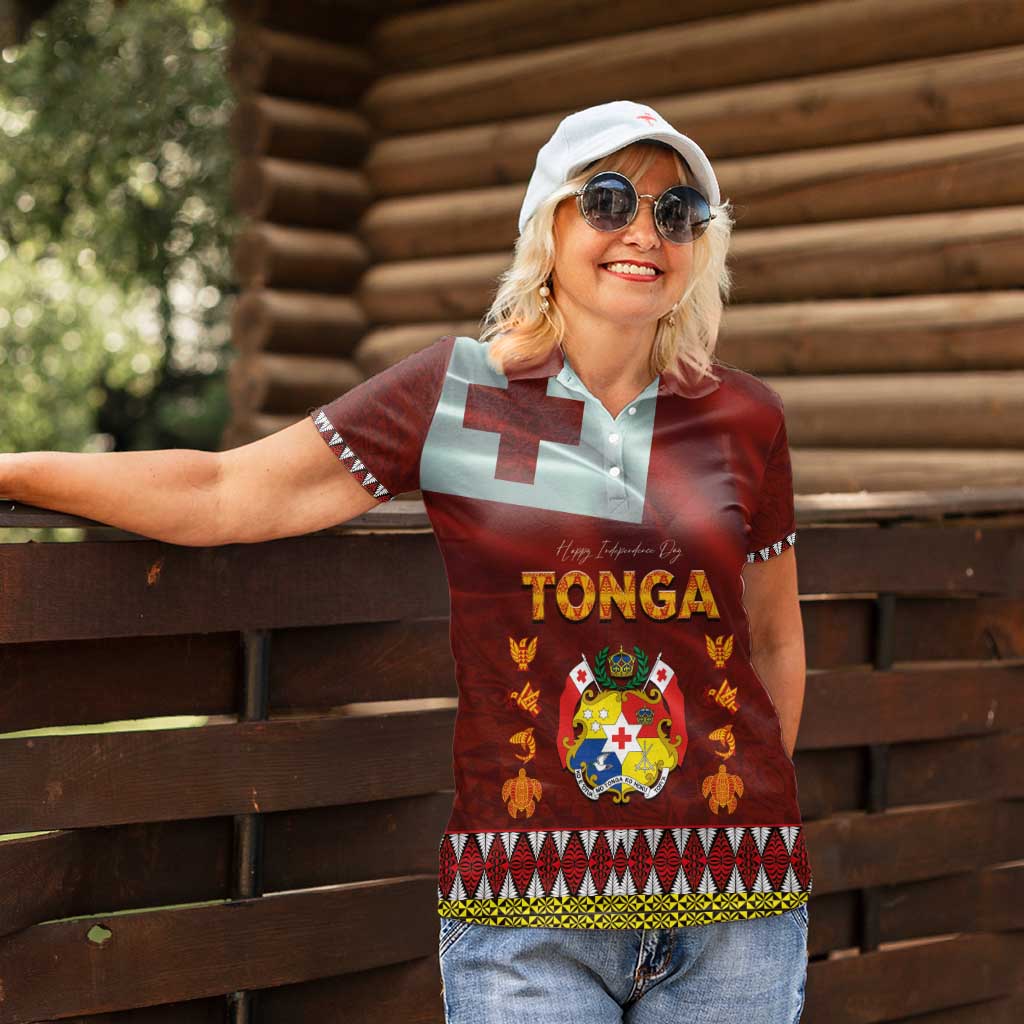 Tonga Independence Day Women Polo Shirt National Flag and Emblem with Ngatu Art Pattern LT03 - Polynesian Pride