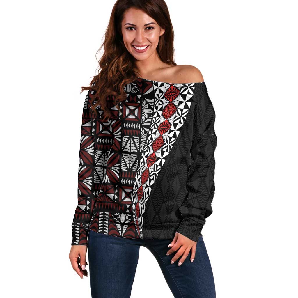 Tonga Ngatu Art Tattoo Polynesian Off Shoulder Sweater LT03 Women Black - Polynesian Pride