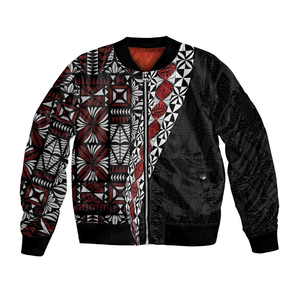 Tonga Ngatu Art Tattoo Polynesian Sleeve Zip Bomber Jacket LT03 Unisex Black - Polynesian Pride
