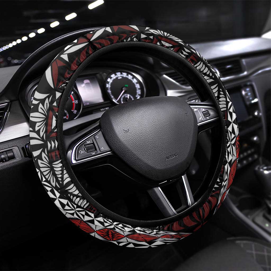 Tonga Ngatu Art Tattoo Polynesian Steering Wheel Cover LT03 Universal Fit Black - Polynesian Pride