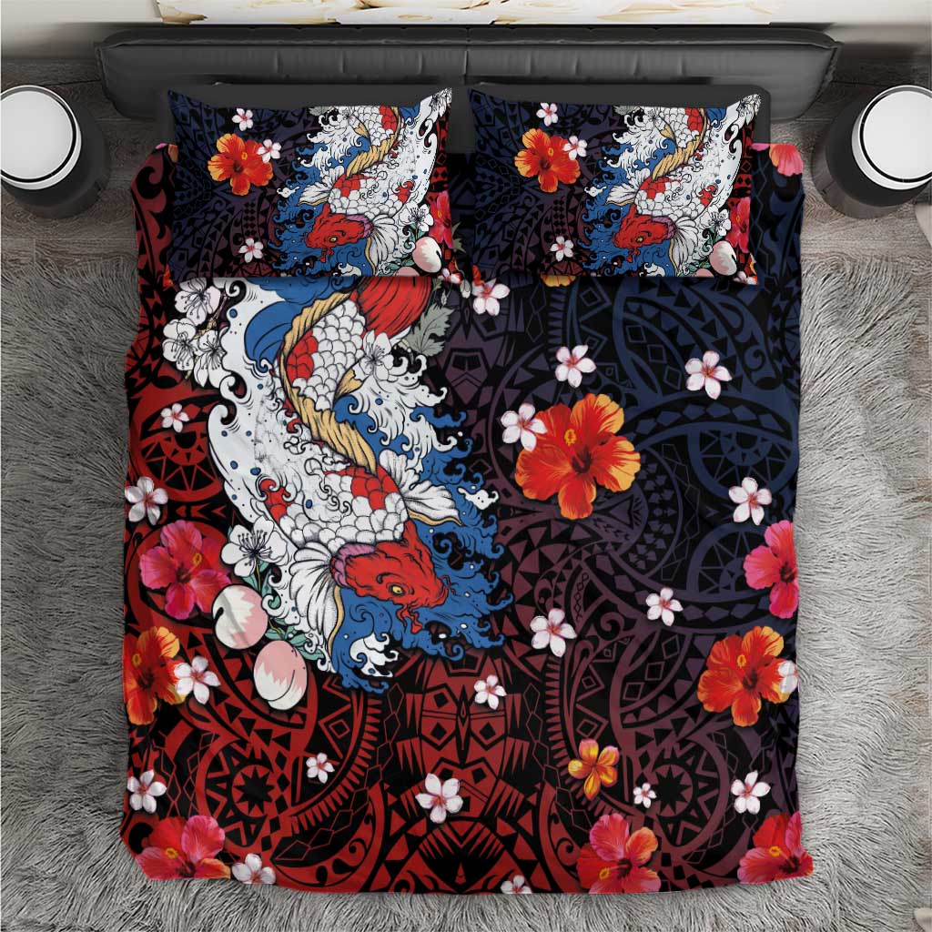 Hawaiian and Japanese Together Bedding Set Hibiscus and Koi Fish Polynesian Pattern Colorful Style