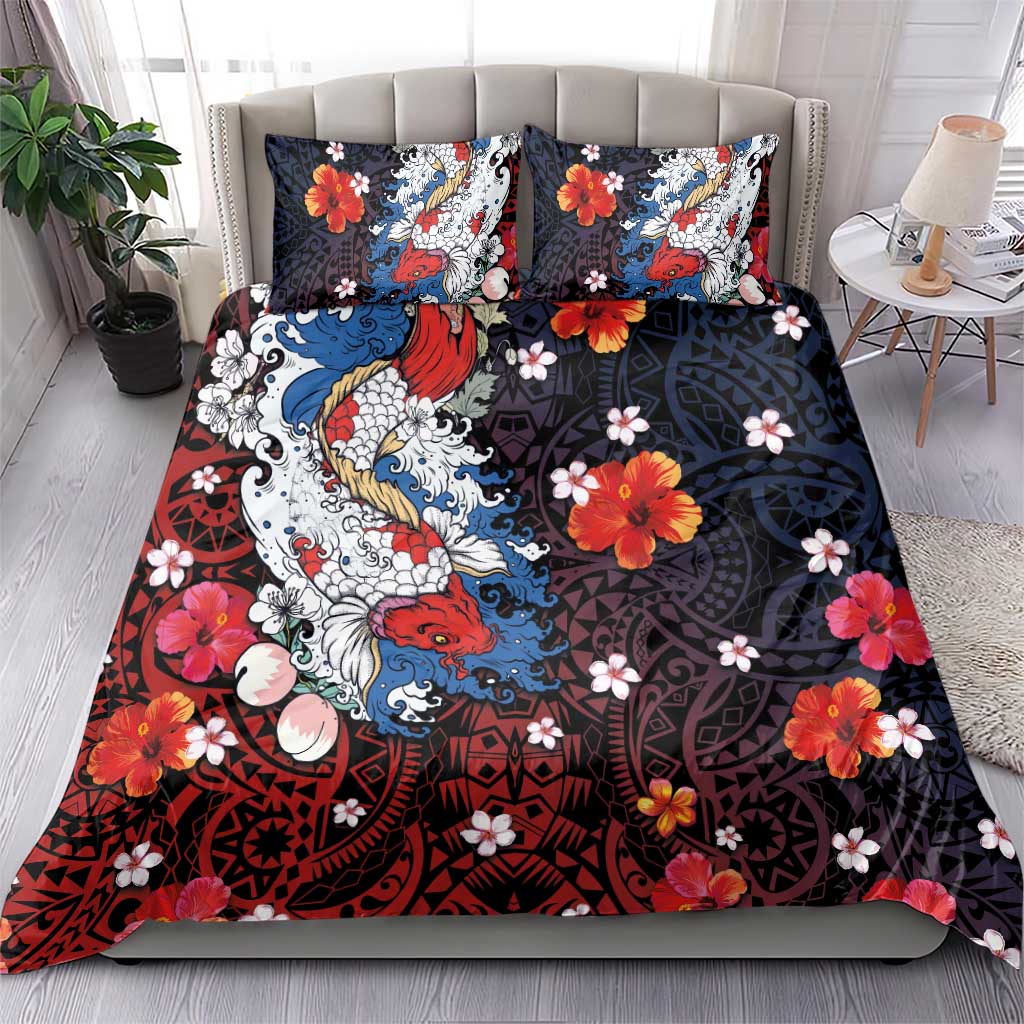Hawaiian and Japanese Together Bedding Set Hibiscus and Koi Fish Polynesian Pattern Colorful Style LT03 - Polynesian Pride