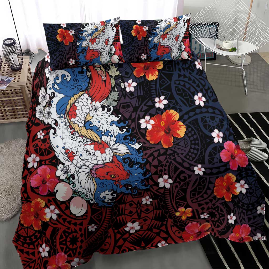 Hawaiian and Japanese Together Bedding Set Hibiscus and Koi Fish Polynesian Pattern Colorful Style LT03 - Polynesian Pride