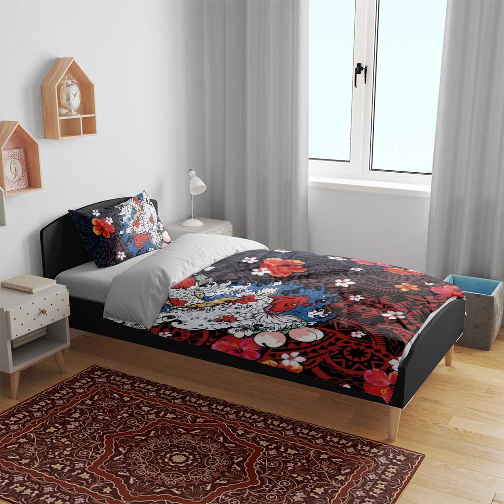Hawaiian and Japanese Together Bedding Set Hibiscus and Koi Fish Polynesian Pattern Colorful Style LT03 - Polynesian Pride