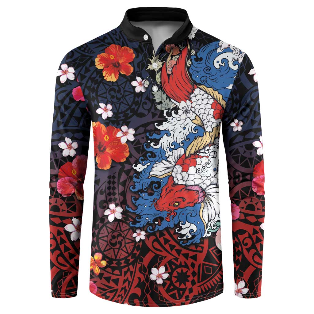 Hawaiian and Japanese Together Button Sweatshirt Hibiscus and Koi Fish Polynesian Pattern Colorful Style LT03 Red - Polynesian Pride