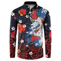 Hawaiian and Japanese Together Button Sweatshirt Hibiscus and Koi Fish Polynesian Pattern Colorful Style LT03 Red - Polynesian Pride